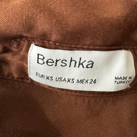 Bershka Satin Button Down Shirt Dress Brown Long Sleeve Tunic NO BELT Sz XS - Picture 5 of 8